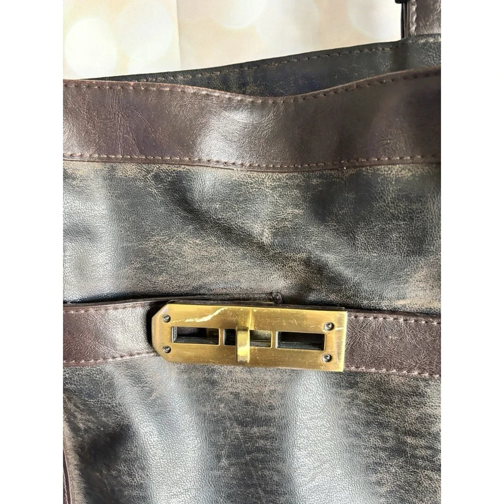 Bueno Black Brown‎ Distressed Vegan Leather Tote Bag Gold Turn Lock Satchel